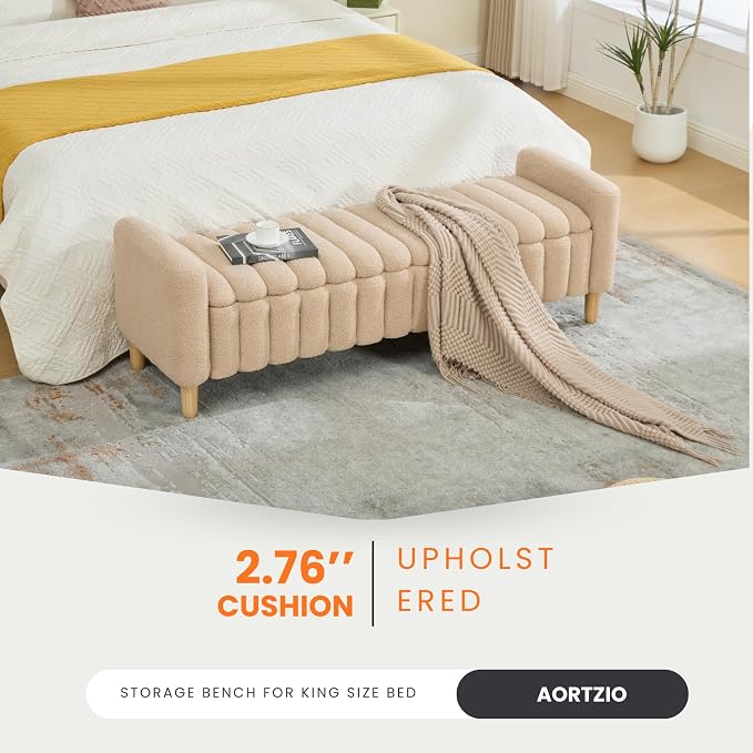 63.4" Cute Teddy Fabric Ribbed King Size End of Bed Bench. | Entryway Ottoman - Image 5