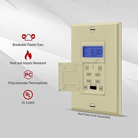Enerlites 7 Days Digital in-Wall Programmable Timer Switch for Lights, Fans, and Motors, Single Pole, Neutral Wire Required, 7-Day 18 ON/Off Timer Settings, with Blue Backlight, HET01, Ivory
