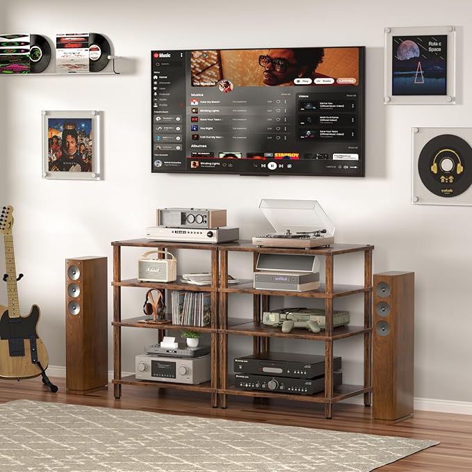 LELELINKY 4-Tier AV Media Player Stand Set of 2, Brown Stereo Cabinet, Wooden TV Stand,Game Console Shelf, Multifunctional Entertainment Center, Suitable for Home, Conference Room, Game Studio