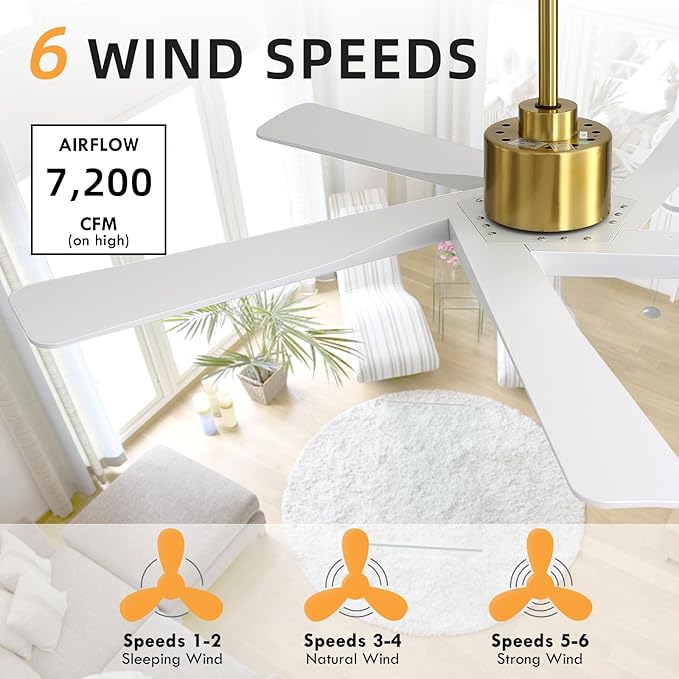 WINGBO 64" ABS DC Ceiling Fan No Light, 5 Blade ABS Plastic Ceiling Fan with Remote, 6-Speed Reversible DC Motor, Ceiling Fans without Light for Kitchen Bedroom Living Room, Brass and White