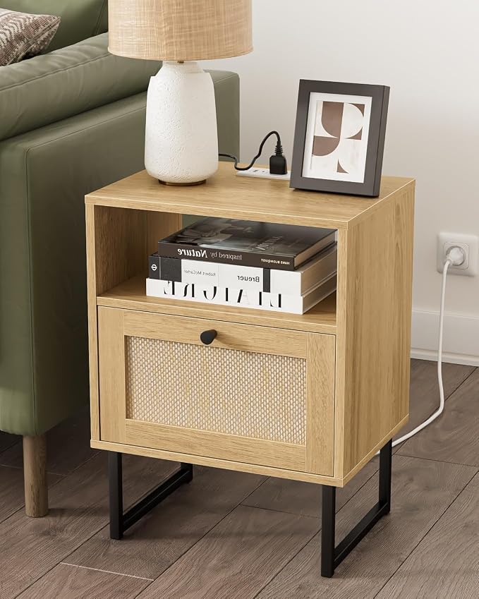 Masupu Rattan Nightstand with Charging Station, Modern Boho Farmhouse Wood - Image 3