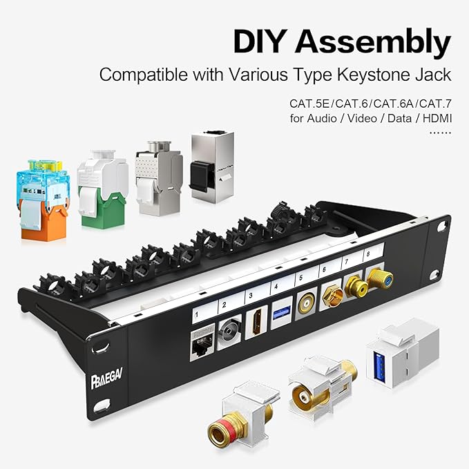 PBAEGAV 8 Port Patch Panel Blank UTP/STP 1U 10“ Keystone Patch Panel with Cable Management and Support Bar Compatible with LC/SC/ST/FC/USB/HDMI Keystone Jack(8 Port)