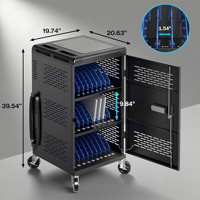 8 Pack | Fully Assembled 30 Bay Multi Device Charging Station for Chromebook,iPad,14'' Laptop,Pre Built Computer Charging Cart with Charger Cable Management,Circuit Breaker,Grounding Protection(Black)
