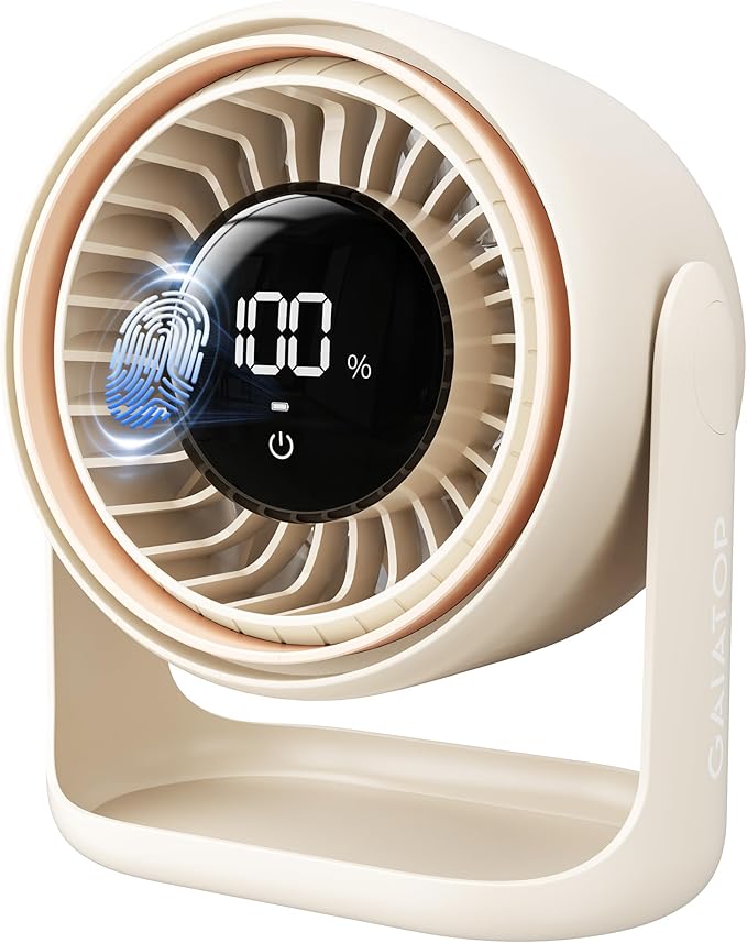 Gaiatop Desk Fan, Touch Control LED Display Small Portable Fans, 5 Speeds Strong Wind, Ultra Quiet Rechargeable 4000mAh Battery Operated Table Desktop for Bedroom, Office (White Beige)