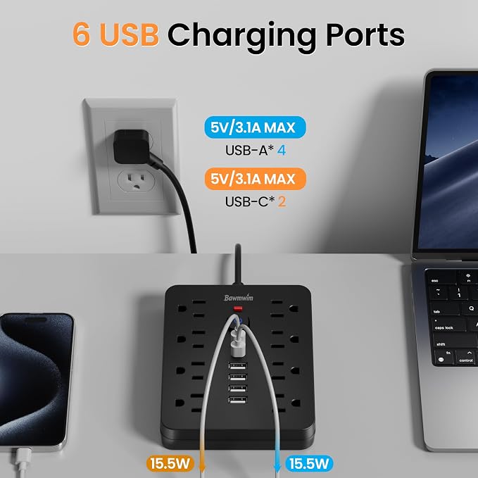 2 Pack Surge Protector Power Strip, 8 Outlets, 6 USB Charging Ports, 6FT Flat - Image 4