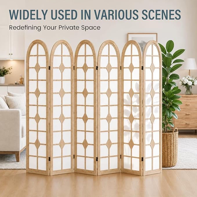 6 Panel Shoji Room Divider, Wood Folding Privacy Screen, Natural | Wood Room - Image 3