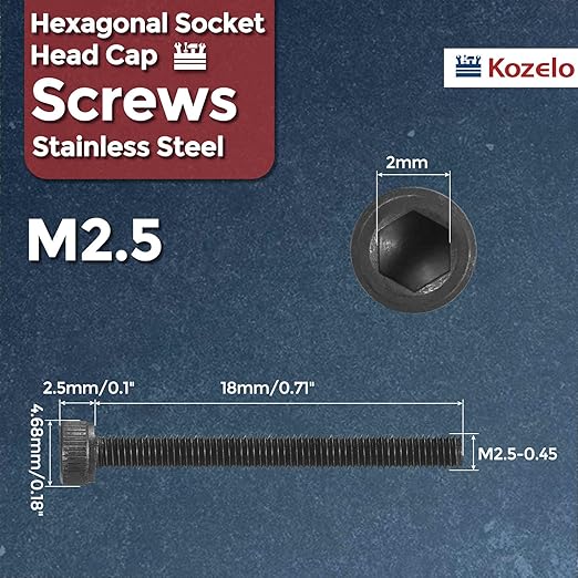 Kozelo 50pcs Socket Head Cap Screws - [M2.5-0.45 x 18mm] 304 Stainless Steel Allen Socket Drive for Electrical Motor 3D Printing Fan Engine Replacement Use, Black