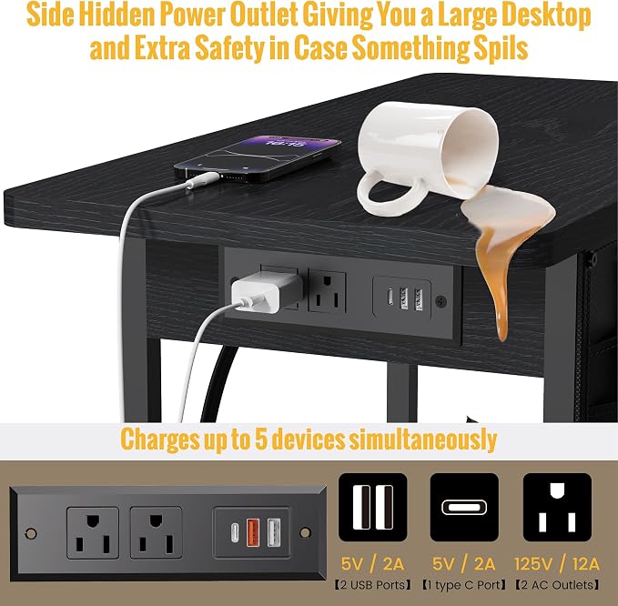 Yenlure Small Side Table with Charging Station, Narrow Nightstand Bedside - Image 4