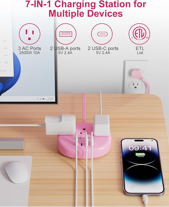 Pink Extension Cord - 10 FT Flat Extension Cord, 1625W Cute Extension Cord with 3 AC Outlet 4 USB (24W/4.8A), Compact for Cute Pink Kawaii Desk Home Essentials