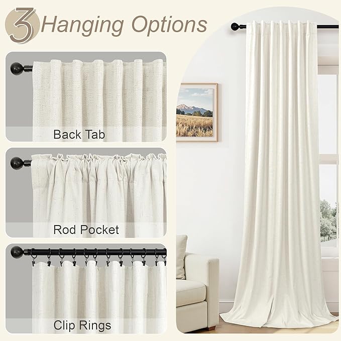 Extra Wide 70 Inch Blackout Curtains 96 Inches Long for Living Room Rustic Boho Room Darkening Textured Linen Drapes for Dining Room Office Insulated Ceiling to Floor Window 2 Panels 70x96 Cream Ivory