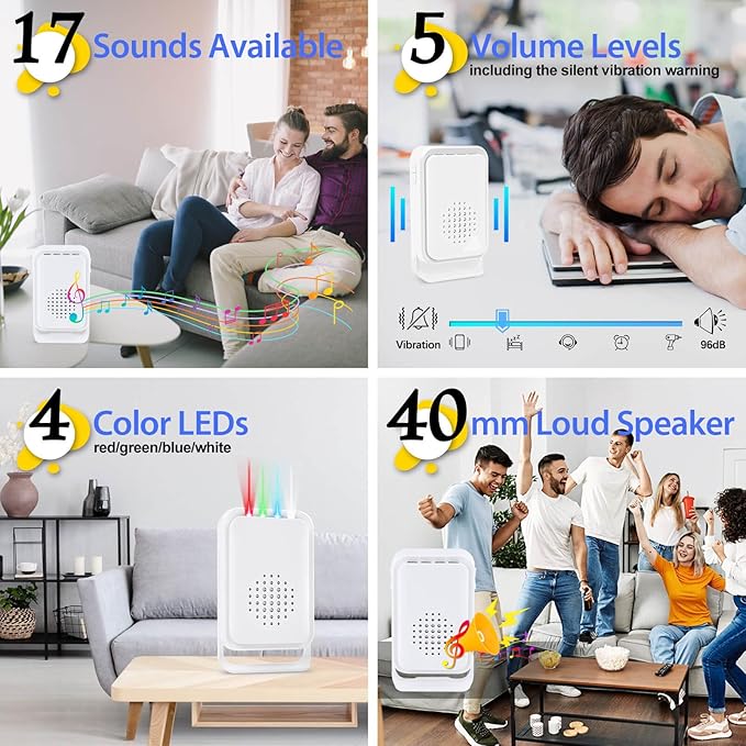 Motion Sensor Alarm Motion Detector Alarm Doorbell Indoor Alarms Business Door Entry Chime Multifunctional Door Alarms with LED Indicator & Vibration Wireless Detector (2 Sensor + 1 Receiver)