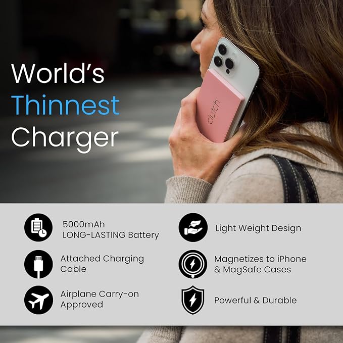 Clutch - Pro USB-C Portable Charger - Compatible with iPhone 15, 16, 17 & Android Devices - Power Bank Magnetic Battery - TSA Travel Approved - USB Rechargeable - Built-in Cable - 5000 mAh - 3.7oz