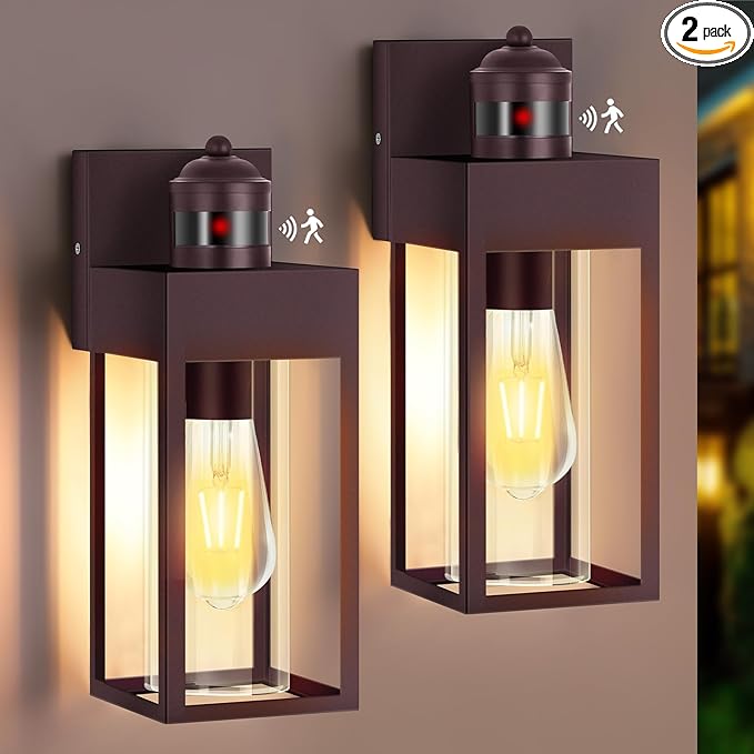 LWSOY Motion Sensor Outdoor Wall Lanterns 2 Packs, Dusk to Dawn Exterior Light Fixture, 3 Lighting Modes, Waterproof Front Porch Lights for Garage Patio Garden House Entryway, Bronze.