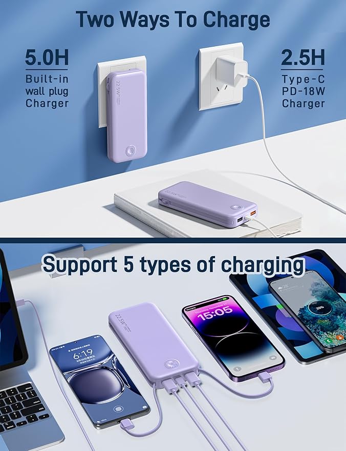 Nusyddy Portable Charger, 12000mAh 22.5W Fast Charging Power Bank with Built-in Cables & Wall Plug, Travel Essential External Battery Pack, USB C Battery Phone Charger for iPhone, iPad, Samsung Purple
