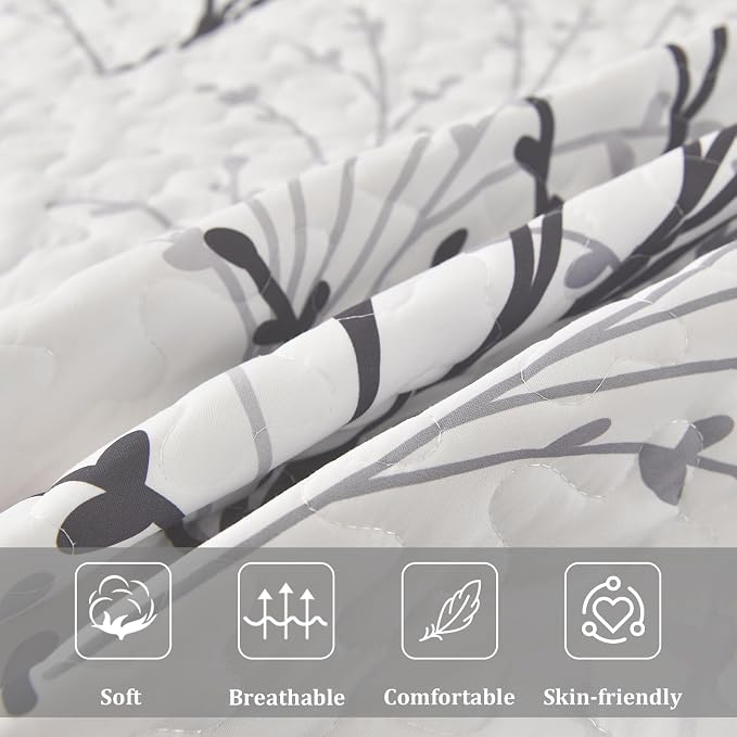 DJY White Quilt Set Queen Size Branch Botanical Bedspread Coverlet Set | 3 - Image 6