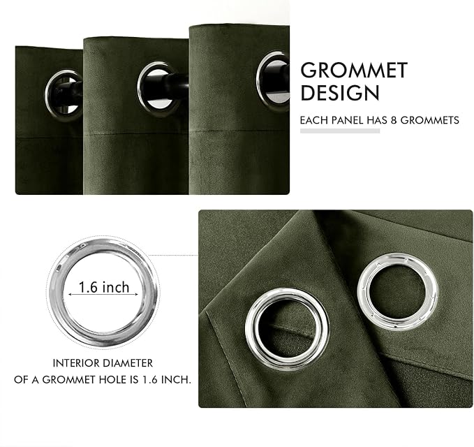 MIULEE Olive Velvet Curtains Green 52 x 90 Inch Length Set of 2 | Grommet Drapes - Image 2