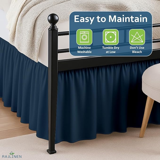 Rajlinen Ruffled Bed Skirt Twin XL, 14 Inch Drop Dust Ruffle with Split Corners, 100% Microfiber Bedskirt with Platform, Three-Sided Coverage Ruffled Gathering Design, Navy Blue