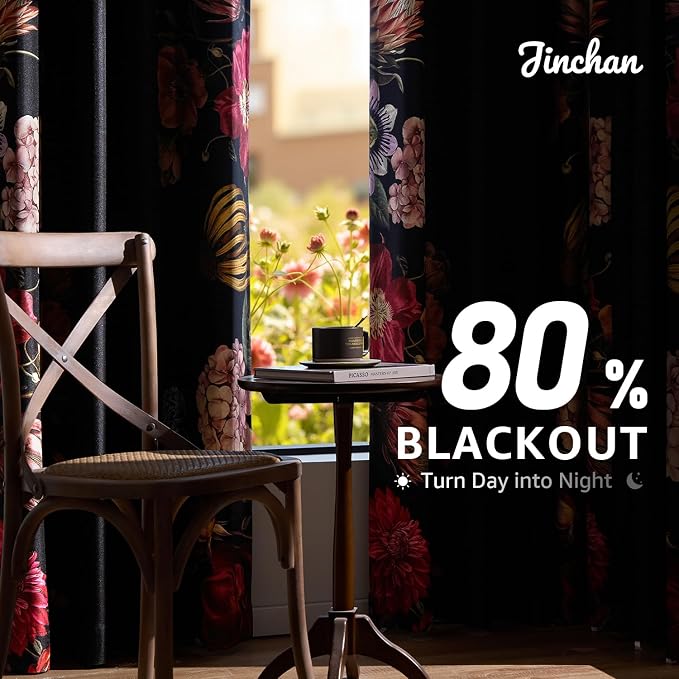 jinchan Black Floral Blackout Curtains 84 Inch Vintage Grommet 2 Panels | Room - Image 4