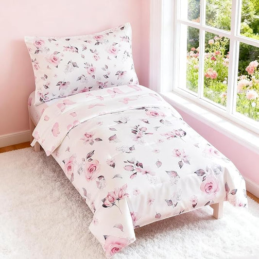 PERFEMET Floral Toddler Bedding 4-Piece Pink Flower Toddler Girls Comforter with Sheet Set Reversible Butterfly Kid Bed Sets-Comforter, Fitted Sheet,Flat Sheet,Pillowcase