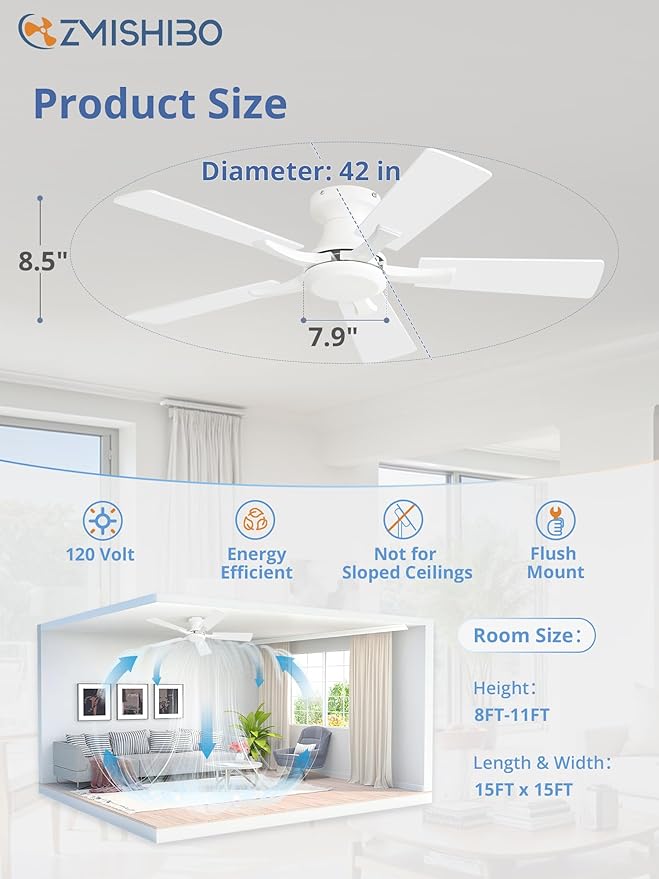 ZMISHIBO 42 Inch Ceiling Fan No Light, Flush Mount Low Profile, Modern White Ceiling Fan Without Light, Remote Control & Quiet DC Motor, for Indoor&Outdoor, Bedroom, Living Room