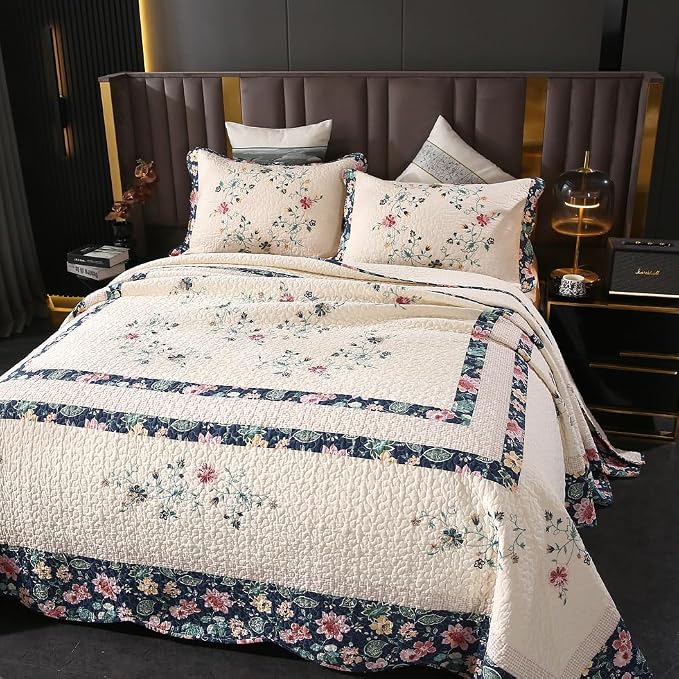 ROOMLIFE Quilt Set Full Floral Leaves 3D Embroidery Pattern 3-Piece Cotton | - Image 5