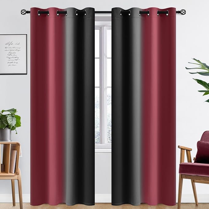 SimpleHome Ombre Burgundy and Black Room Darkening Curtains 84 inch Length | - Image 2