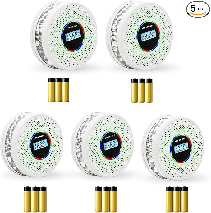 Yfwsrecinoe 5 Pack Upgraded Combination Smoke and Carbon Monoxide Alarm Detector, Dual Sensor Smoke Alarm&Carbon Monoxide Detector (Includes Battery)