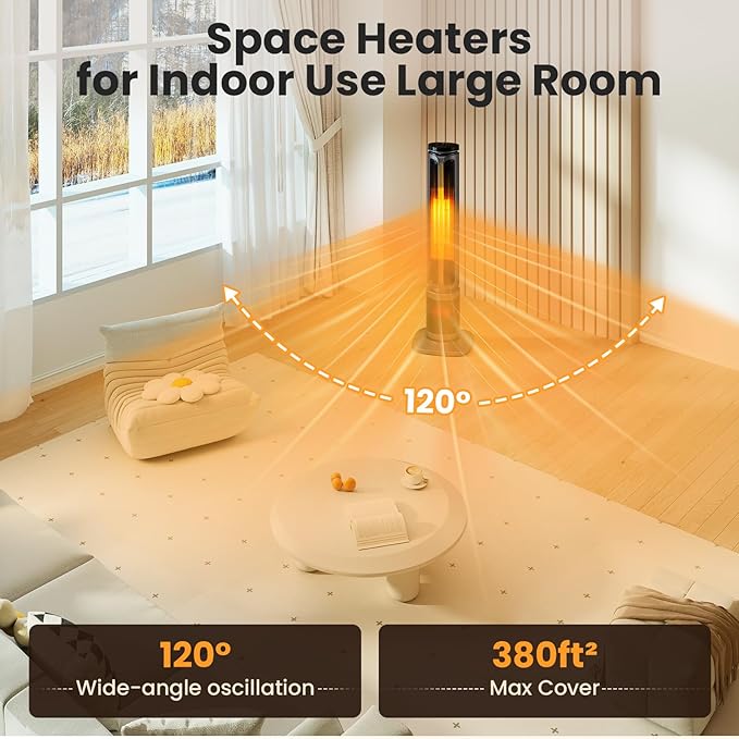 Zynkez 34.5" Space Heaters for Indoor Use Large Room, 1500W PTC Tower Fireplace Heater with 3D Flame, Room Heater w/Remote Control,12H Timer & Oscillation, Portable Electric Heaters for Bedroom, Grey