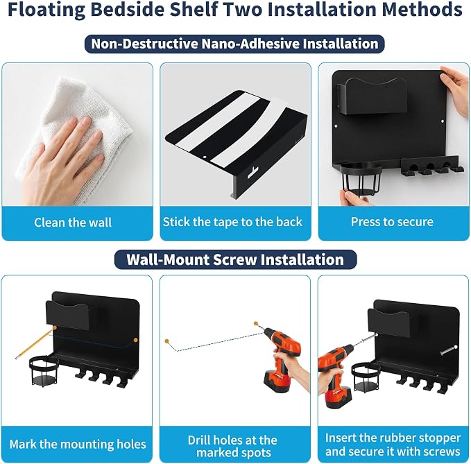 Metal Bedside Wall Shelf, No Drill, - Image 7