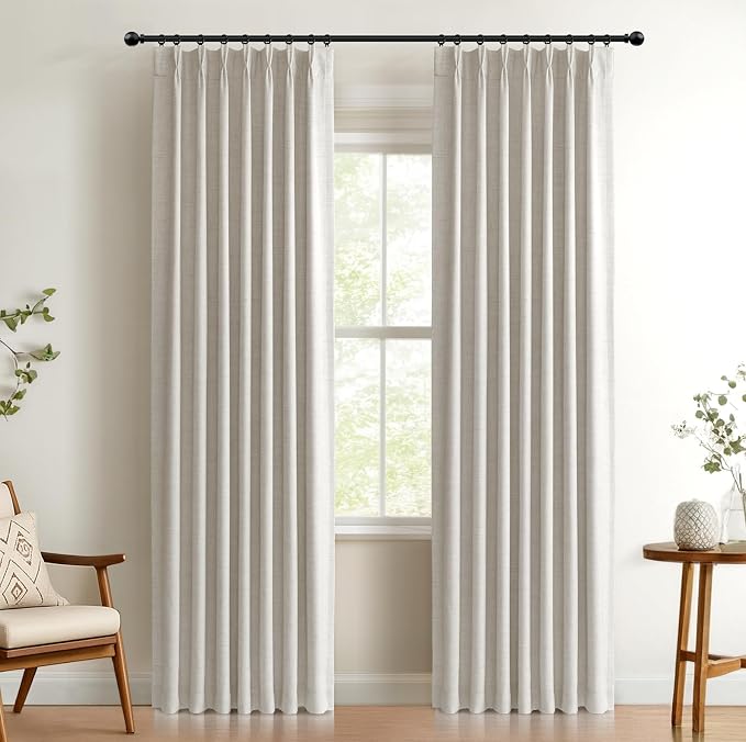Pinch Pleated Full Blackout Faux Linen Curtains 90 Inches Long | Beige by 100BlackoutShield
