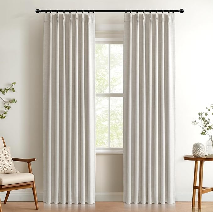 Pinch Pleated Full Blackout Faux Linen Curtains 72 Inches Long | Beige by 100BlackoutShield