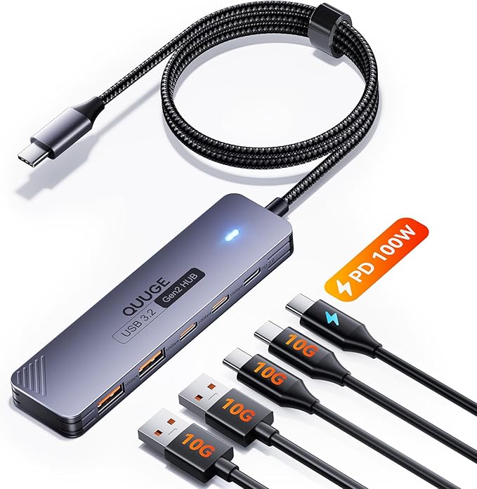 USB C Hub 10Gbps, QUUGE 5-in-1 USB Splitter with 2 USB-A & 2 USB-C 3.2 and PD 100W, Fast Transfer Aluminum Type-C Multiport Adapter with 100cm Nylon Cable for MacBook Air/Pro, iPad, Surface Pro, XPS