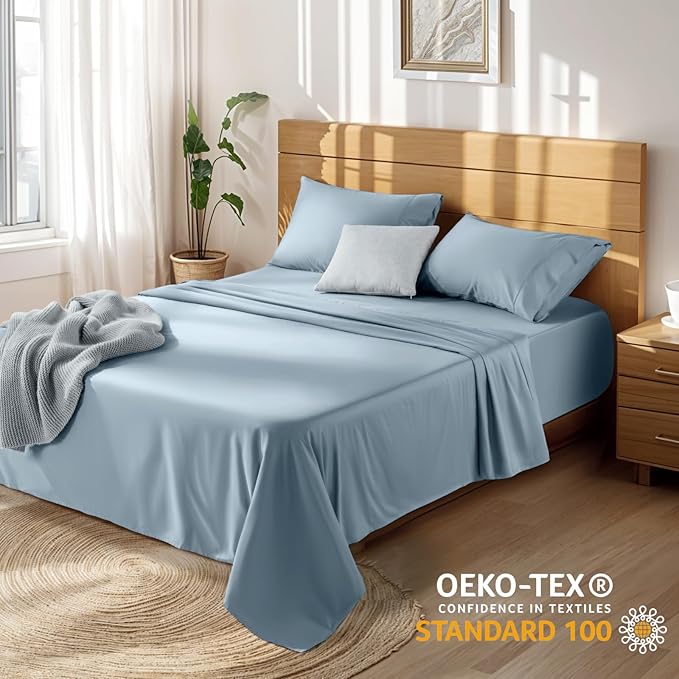 LBRO2M 100% Cotton Sheets Set Deep Pocket 19", 1000 Thread Count King Size 4 Piece Bed Sheet Sets Soft Comfortable Bedding All Season (King, French Blue)