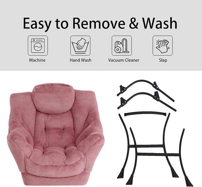 Lazy Chair with Ottoman, Comfy Accent Reading Chair, Plush Dark Pink | Foldable - Image 5