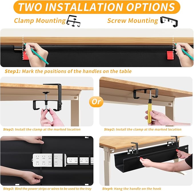 SUREUP9 No Drill Under Desk Cable Management Tray, 48" Cord Organizer with Clamp, Fabric Cable Management for Standing Desks, Ideal for Home & Office - Black