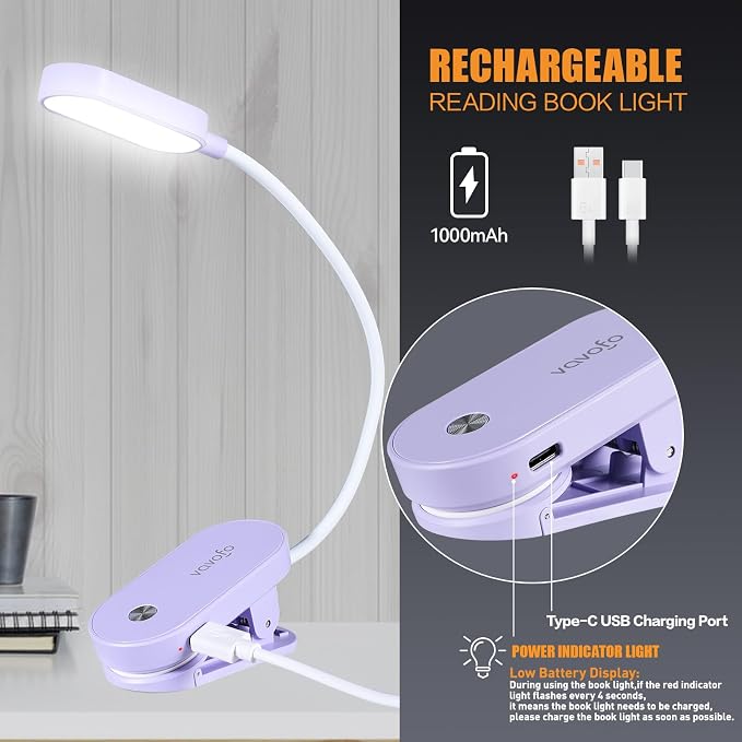 VAVOFO Rechargeable Book Light, 14 LEDs Eye Care Clip On Amber Reading Light - Image 4