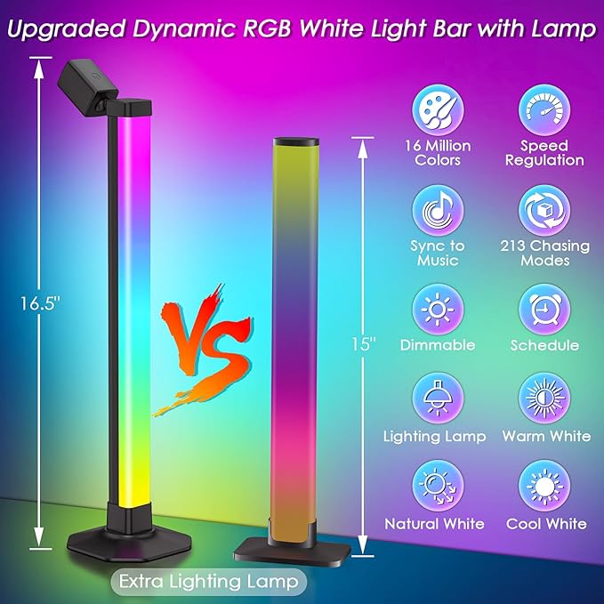 Smart Light Bar with Swivel Lamp, LED Light Bar for Room, RGB & IC Ambient Backlight with 16 Million Colors, 213 Preset & 8 Scene Modes, Dynamic Music Sync, 3 Modes Control, for Gaming, Read