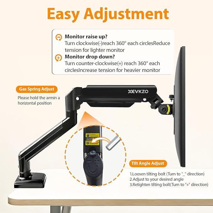 XEVKZO Single Monitor Arm - Gas Spring Monitor Stand for 13 to 34 Inch Screens, Adjustable VESA Mount with C-Clamp & Grommet Base, Full Motion (Tilt, Swivel, Rotation), Supports 4.4-22 lbs