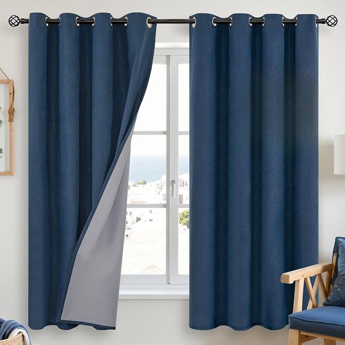 YoungsTex Navy Blue Linen Blackout Curtains 63 Inch Length by YoungsTex