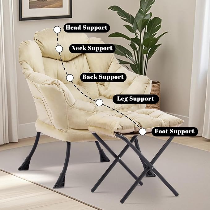 Lazy Chair with Ottoman, Comfy Reading Chair, Khaki | Cushioned Seat with - Image 7
