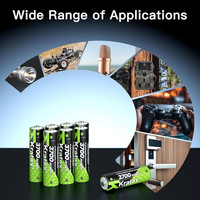 Kratax 8 Count AA Rechargeable Lithium Batteries 3700mWh High Capacity Double A li-ion Batteries 1.5v, Long Lasting AA Lithium Battery Rechargeable for Remote Control, Office Appliances