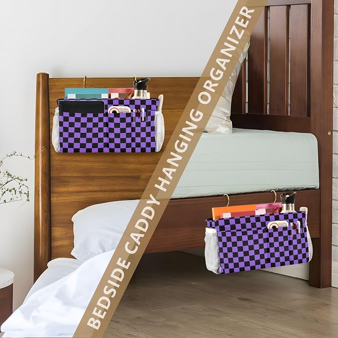 Checkerboard Black Purple Plaid Print Bedside Caddy Storage Bag Bedside - Image 7
