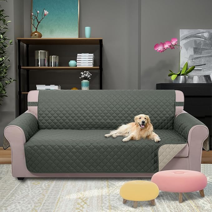 U-NICE HOME Large Sofa Cover Reversible Couch Cover for Dogs with Elastic Straps Water Resistant Furniture Protector for Pets Couch Cover for 4 Cushion Couch (Oversized Sofa, Grey/Beige)