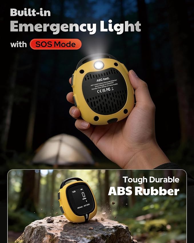 AEGTEST AGT-2000 Portable Carbon Monoxide Detector for Travel, 240H Standby, CO Detector with Audible & Visual Alerts for Camping, Rechargeable CO Meter with Built-in Emergency Flashlight