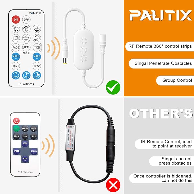 PAUTIX RF Remote Dimmer for Single Color LED Strip Lights,18-Key Wireless Remote and in-line Controller DC 12V-24V for 3528/2835/5050/COB LED Tape Lights,Timer Function