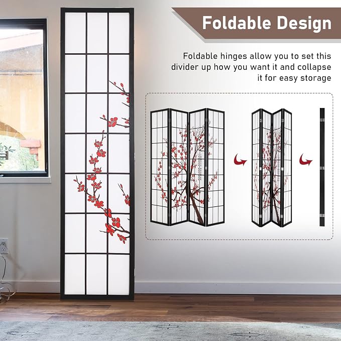 FDW Room Divider 6Ft Folding Privacy Divider 4 Panel Oriental Shoji Screen Wall - Image 3