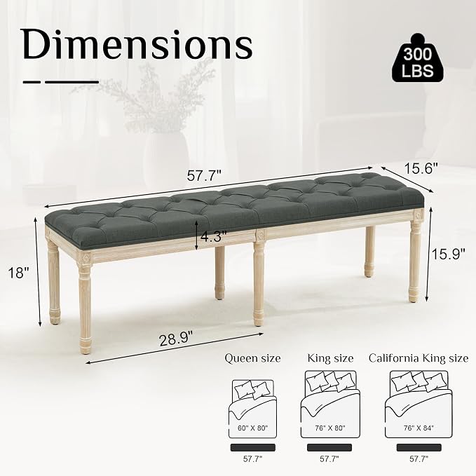 LOULENS 57.7" Linen End of Bed Bench King Size, Dark Grey | French, Upholstered - Image 2