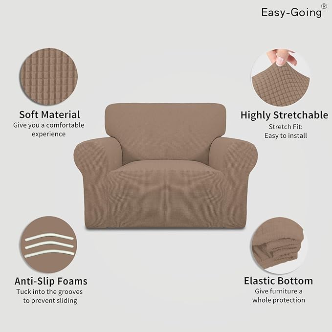 Easy-Going Stretch Oversized Chair Sofa Slipcover 1-Piece Couch Sofa Cover Furniture Protector Soft with Elastic Bottom for Kids Spandex Jacquard Fabric Small Checks Camel