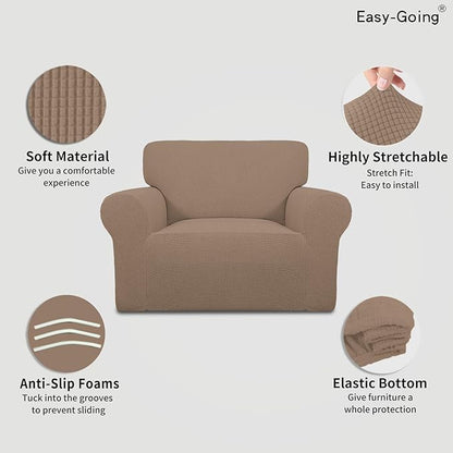 Easy-Going Stretch Oversized Chair Sofa Slipcover 1-Piece Couch Sofa Cover Furniture Protector Soft with Elastic Bottom for Kids Spandex Jacquard Fabric Small Checks Camel