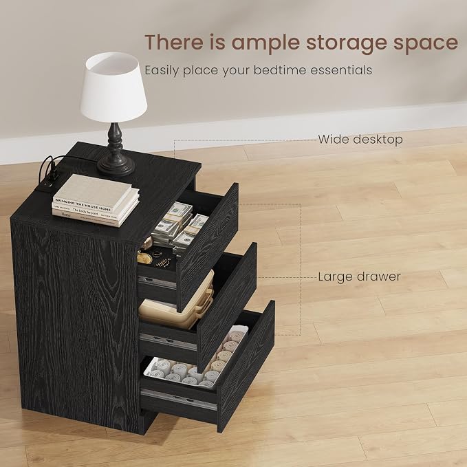 Nightstand with Charging Station, Bedside Tables with 3 Drawers, Side Table - Image 7